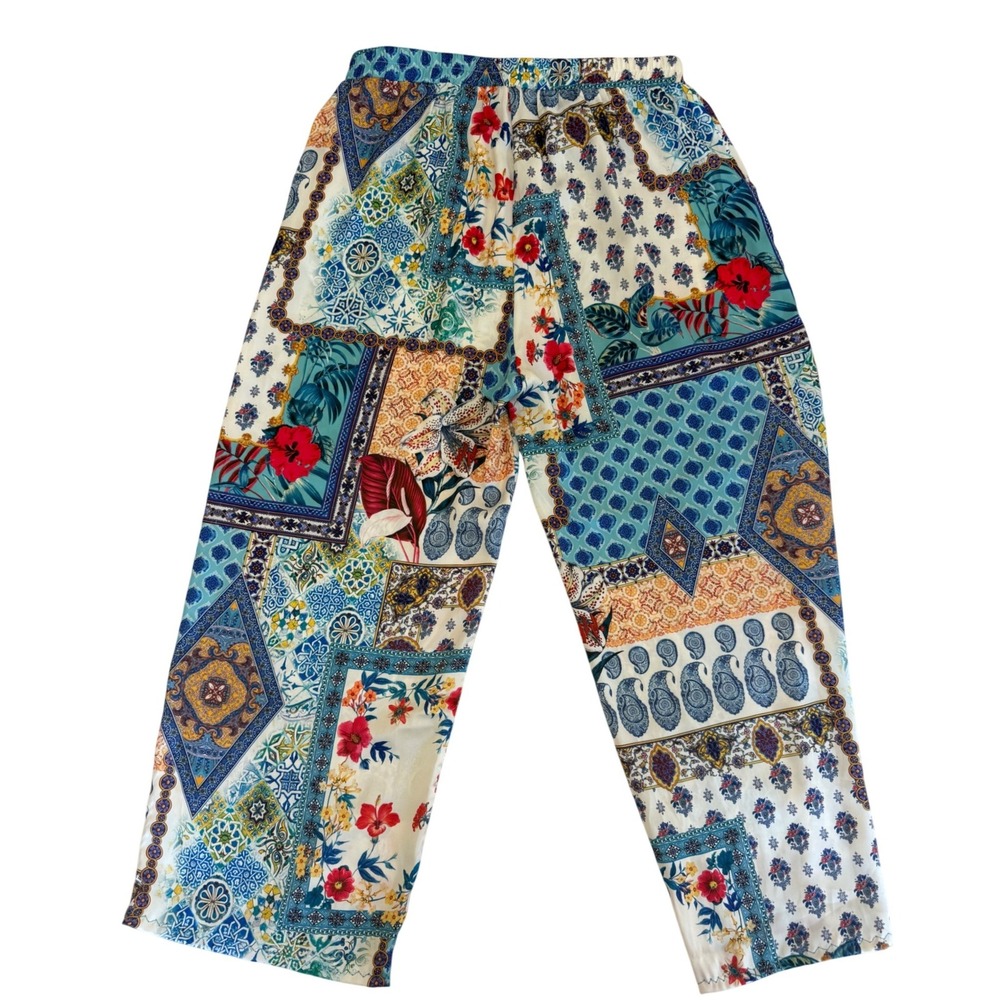 Porter Collective Womens Wide Leg Crop Pants L Blue Patchwork Floral Boho Crop - Picture 2 of 6